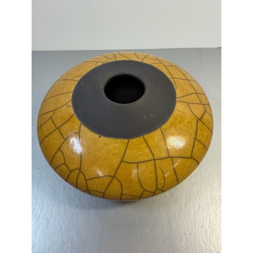 Lily Yellow Crackle Glaze Studio Pottery Vessel Vase with Matte Black Rim